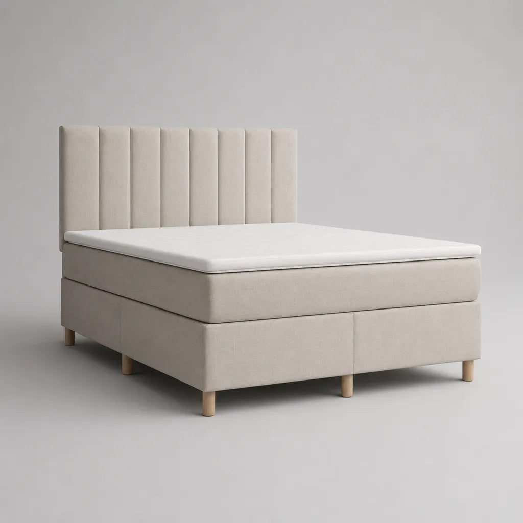 Boxspringbett-Komplettset mit Matratze, Topper und gepolstertem Paneelkopfteil, Beige/Natur, Liegefläche 180 × 200 cm