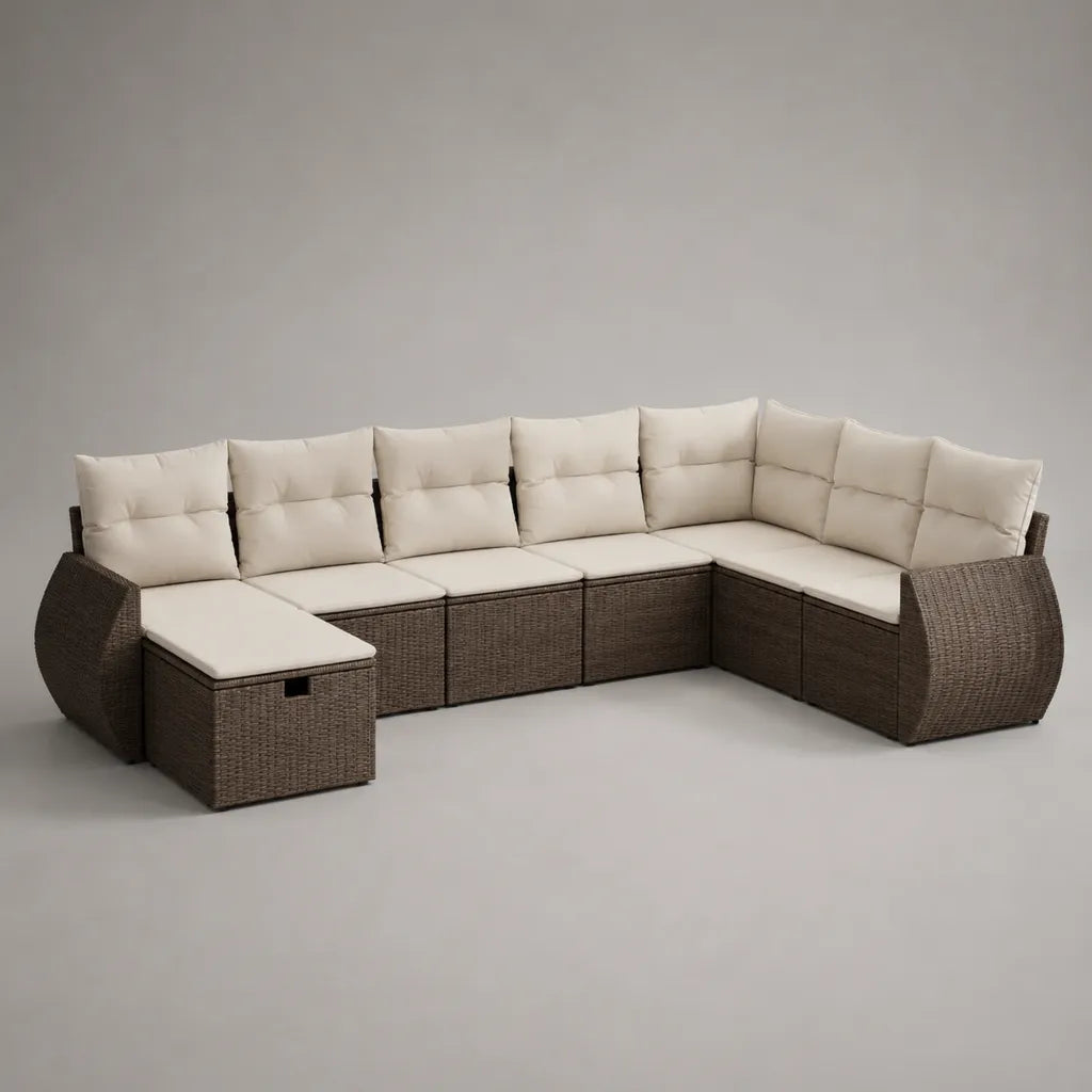 Modulares Gartensofa 6-teilig aus PE-Rattan und Metall mit Polstern, L-Form, Braun und Creme, 330 × 190 × 76 cm
