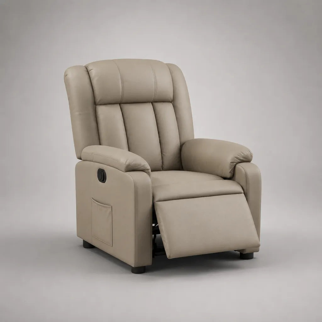 Relaxsessel Fernsehsessel Hochlehner, manuell verstellbar mit Fußstütze, PU-Kunstleder, Beige/Schwarz, 84 × 92 × 105 cm