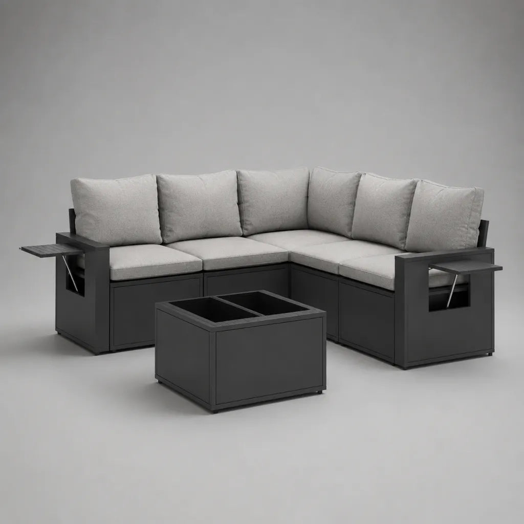 4-Sitzer-Gartensitzgruppe mit L-förmigem Ecksofa und Aluminiumtisch, Polyesterpolster, Anthrazit/Hellgrau, 220 x 220 x 78 cm