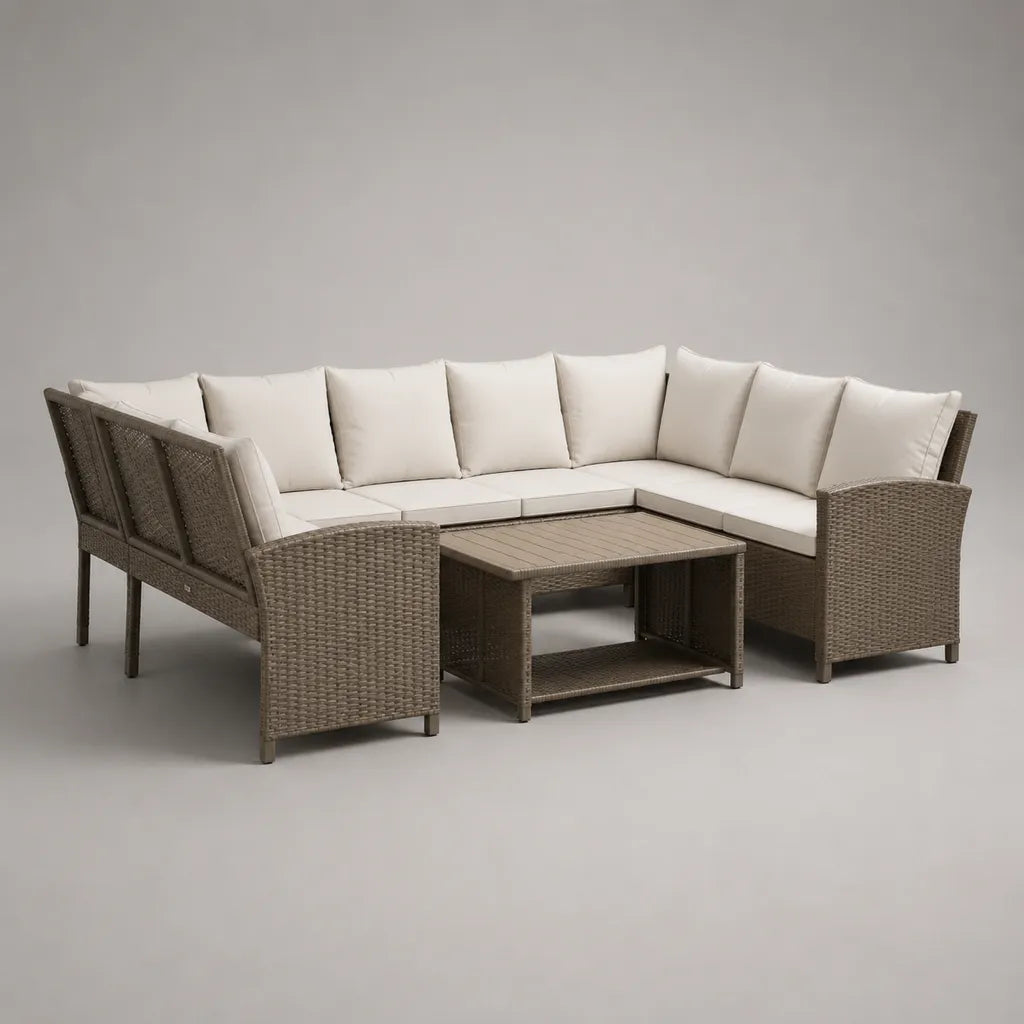 3-teiliges Garten-Ecksofa-Set aus PE-Rattan mit WPC-Tisch, 6-Sitzer, Taupe/Creme, 235 × 235 × 72 cm