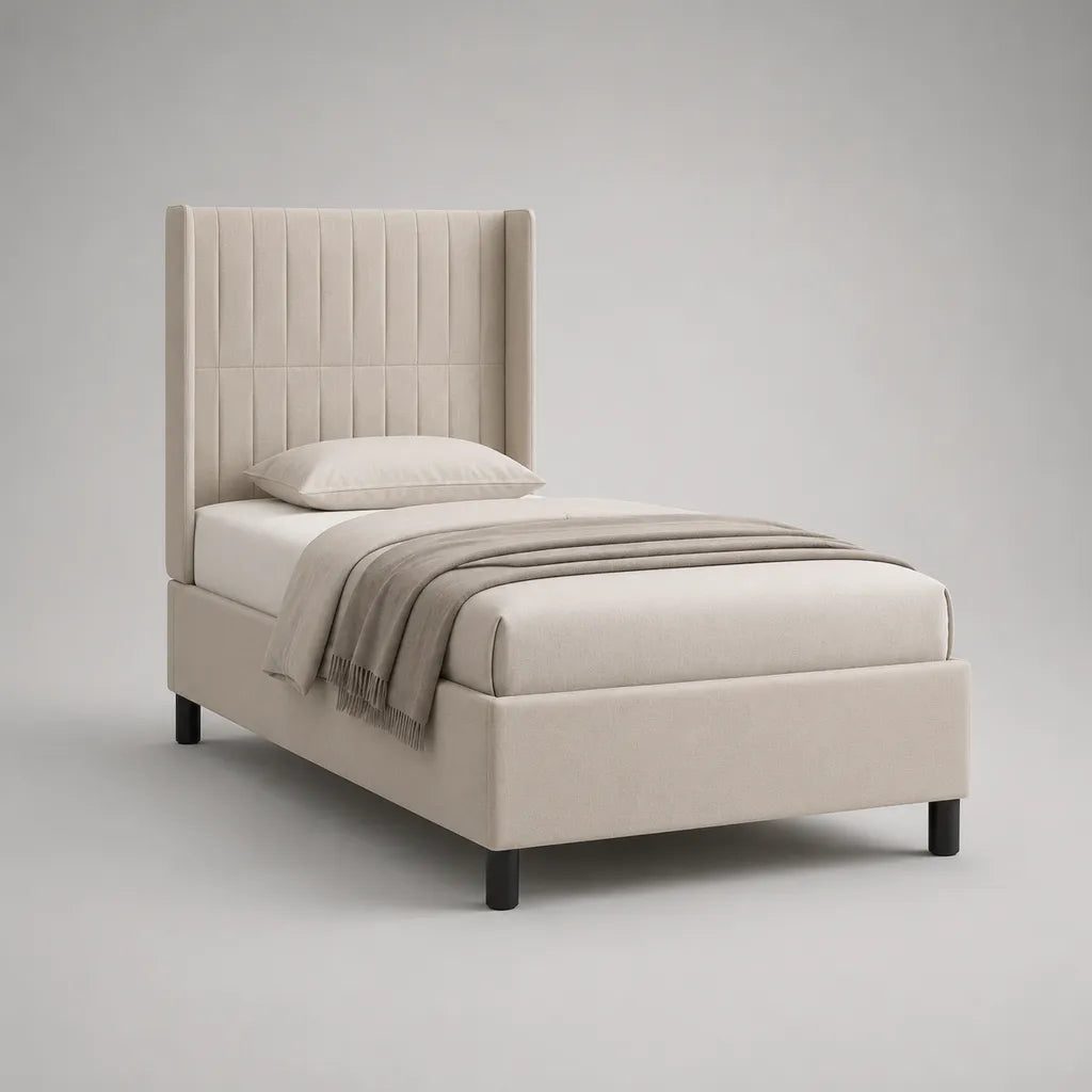 Polsterbett 90 × 200 cm mit hohem Flügelkopfteil, Polyesterbezug und Lattenrost, Beige und Schwarz