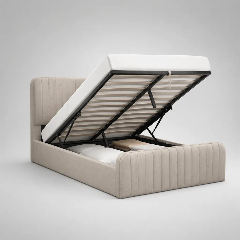 Stauraumbett Doppelbett 160 × 200 cm, Gesamtmaß 218 × 174 × 110 cm, mit Bettkasten, Lattenrost, Polyesterbezug und Stahlrahmen, Beige