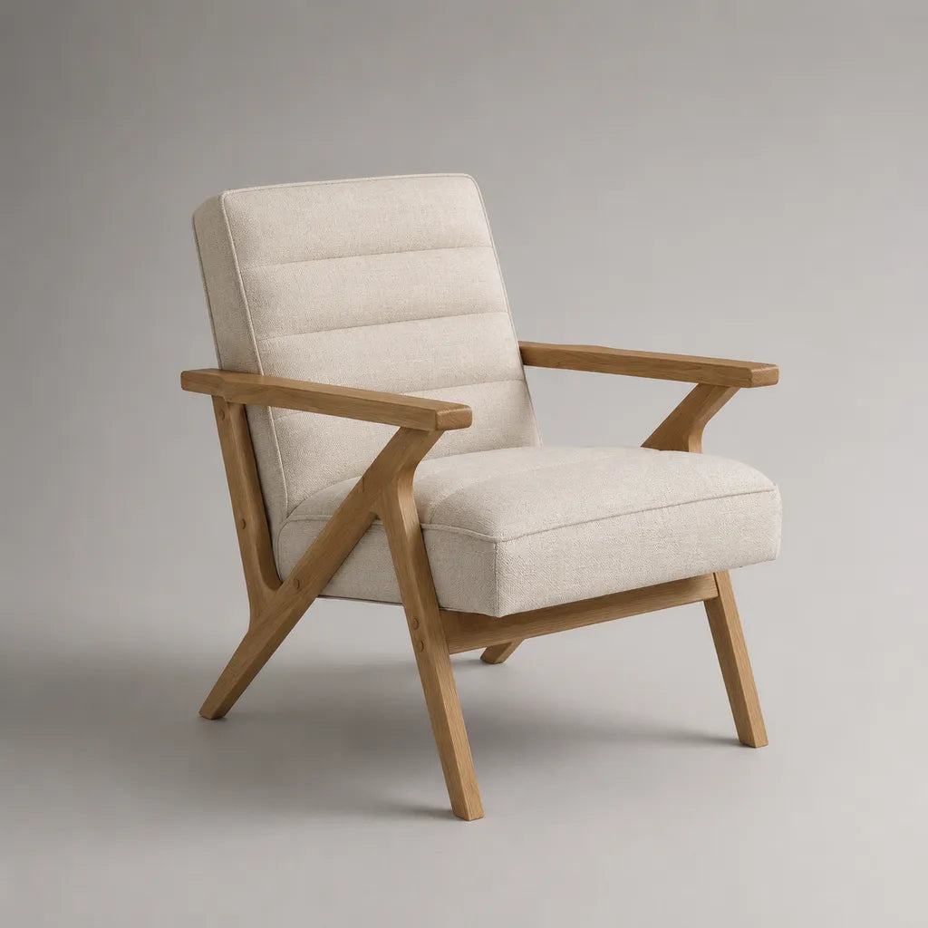Loungesessel mit Armlehnen, Polyesterbezug und Massivholzrahmen, Creme und Naturbraun, 76 x 80 x 81 cm