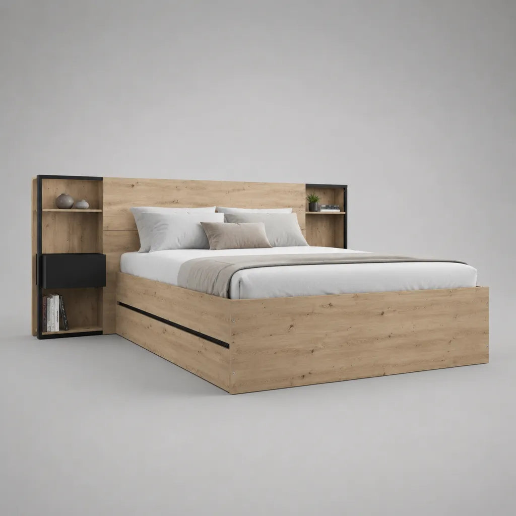 Stauraumbett aus melaminharzbeschichteter Spanplatte mit Schublade und Regal-Kopfteil, Eiche Natur und Anthrazit, Liegefläche 160 × 200 cm, Gesamtmaß 260 × 208 × 130 cm
