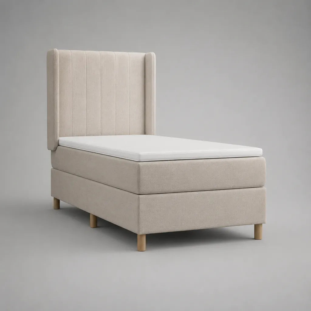 Boxspringbett 90 x 200 cm mit Matratze, Topper und gepolstertem Kopfteil, Beige, Weiß und Naturfarben