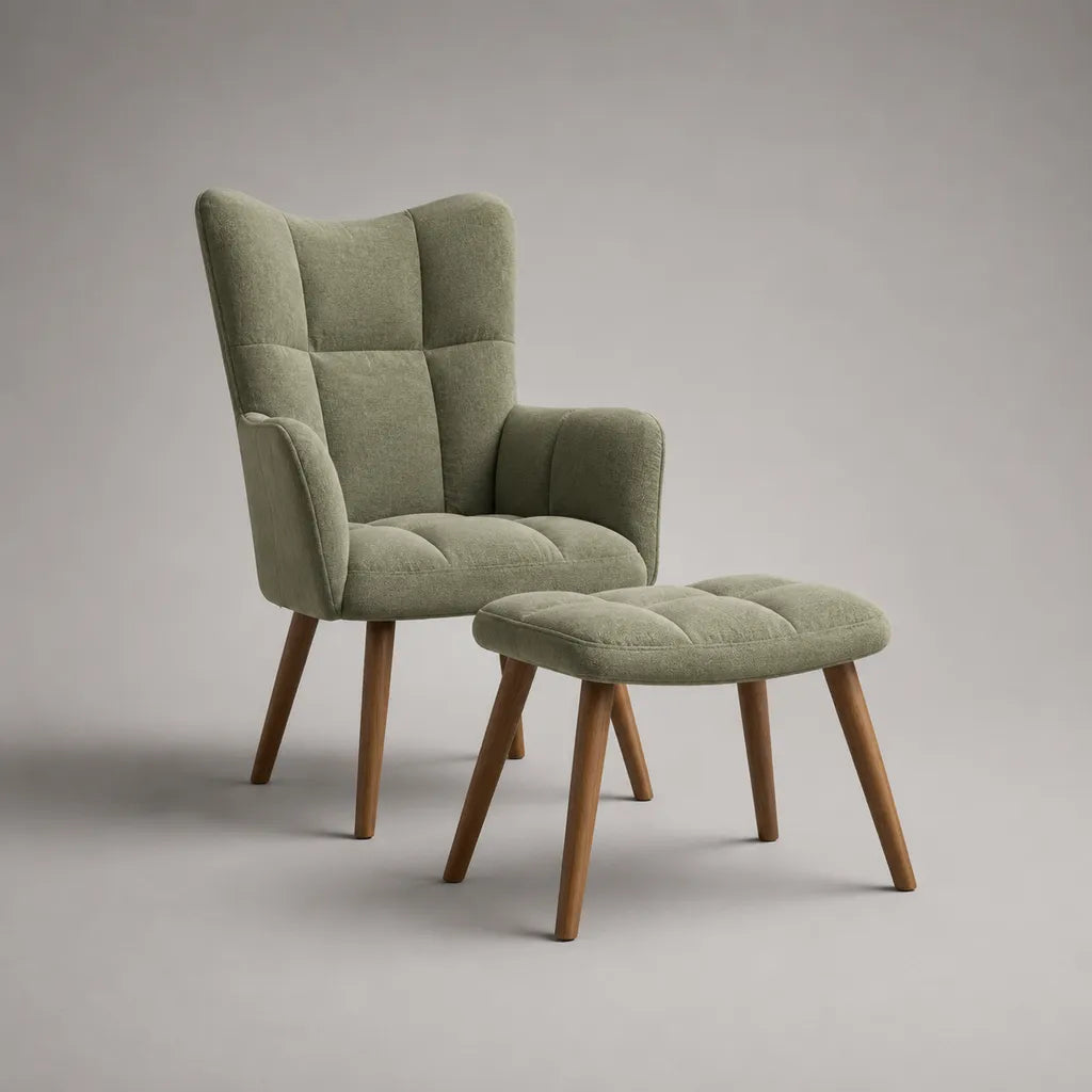 Ohrensessel mit Hocker, 2-teilig, Polyesterbezug, Massivholzbeine, Salbeigrün/Braun, Sessel 72 × 78 × 101 cm, Hocker 60 × 43 × 39 cm