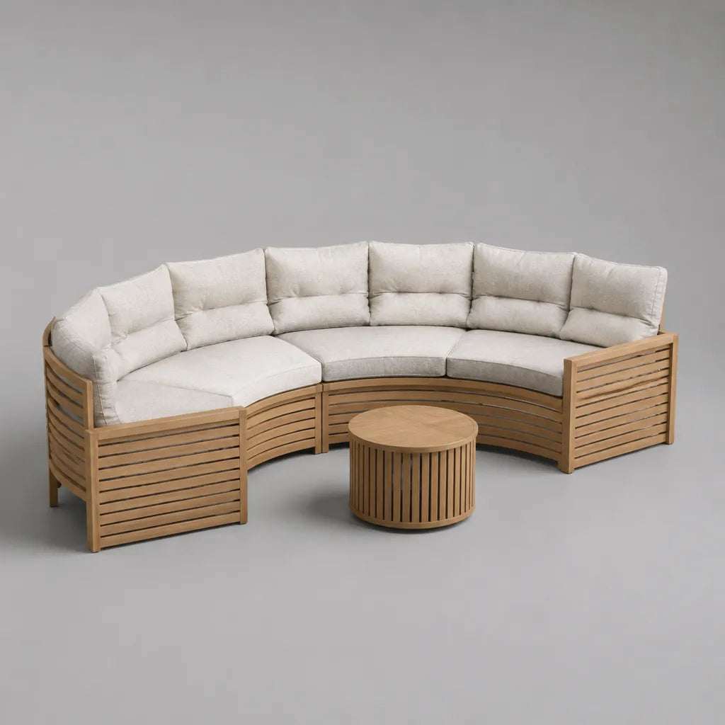 Gartensofa-Set 6-teilig, halbrund, aus Akazien-Massivholz mit Polyesterpolstern und Couchtisch, Naturfarben/Cremeweiß, 320 × 165 × 80 cm