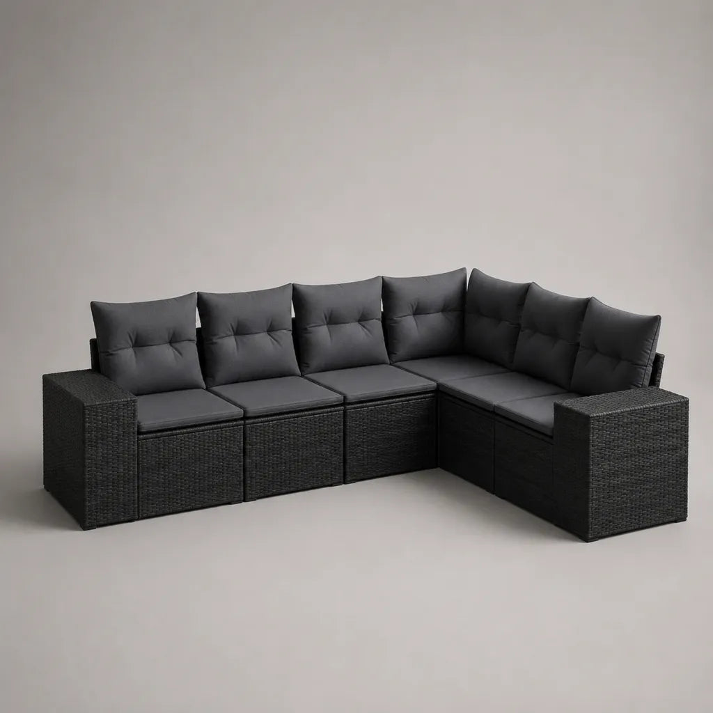 5-teiliges Gartensofa, Ecksofa aus PE-Polyrattan und Stahl mit Polyesterkissen, L-Form, Schwarz/Dunkelgrau, 238 × 180 × 75 cm