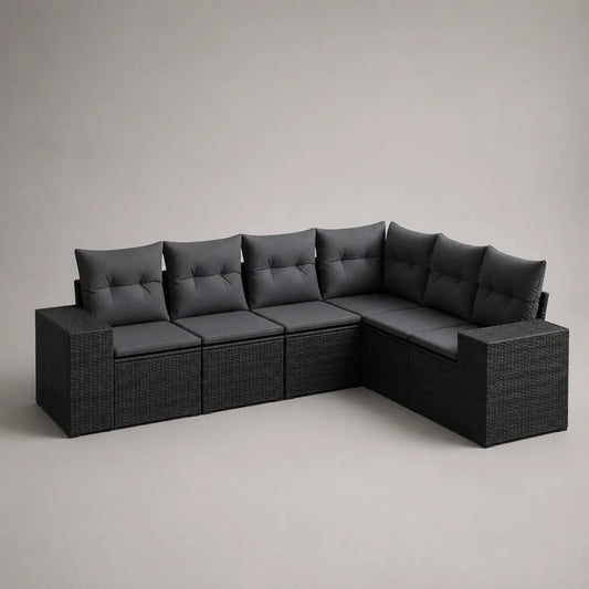 5-teiliges Gartensofa, Ecksofa aus PE-Polyrattan und Stahl mit Polyesterkissen, L-Form, Schwarz/Dunkelgrau, 238 × 180 × 75 cm
