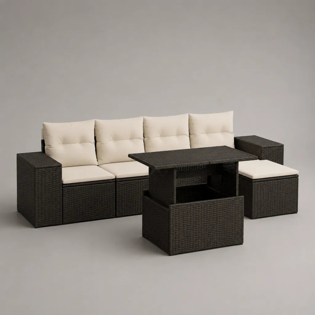 6-teiliges Gartensofa-Set aus PE-Rattan mit Polsterauflagen, Hocker und rechteckigem Hubtisch, Dunkelbraun/Creme, 286 × 177 × 86 cm