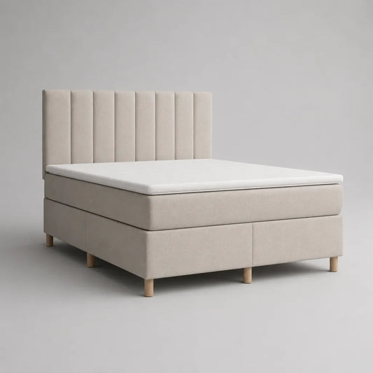 Boxspringbett-Komplettset mit Matratze, Topper und gepolstertem Paneelkopfteil, Beige/Natur, Liegefläche 180 × 200 cm