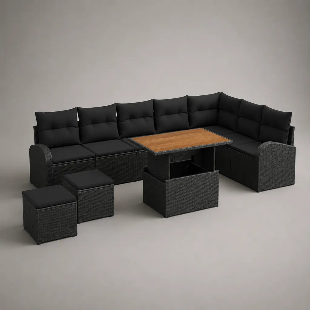 Gartensofa-Set 4-teilig aus PE-Rattan mit WPC-Tisch, L-Form, Schwarz/Braun, 260 x 200 x 74 cm