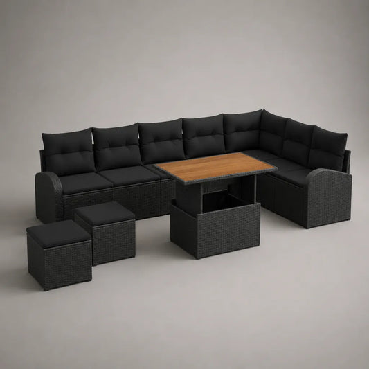 Gartensofa-Set 4-teilig aus PE-Rattan mit WPC-Tisch, L-Form, Schwarz/Braun, 260 x 200 x 74 cm