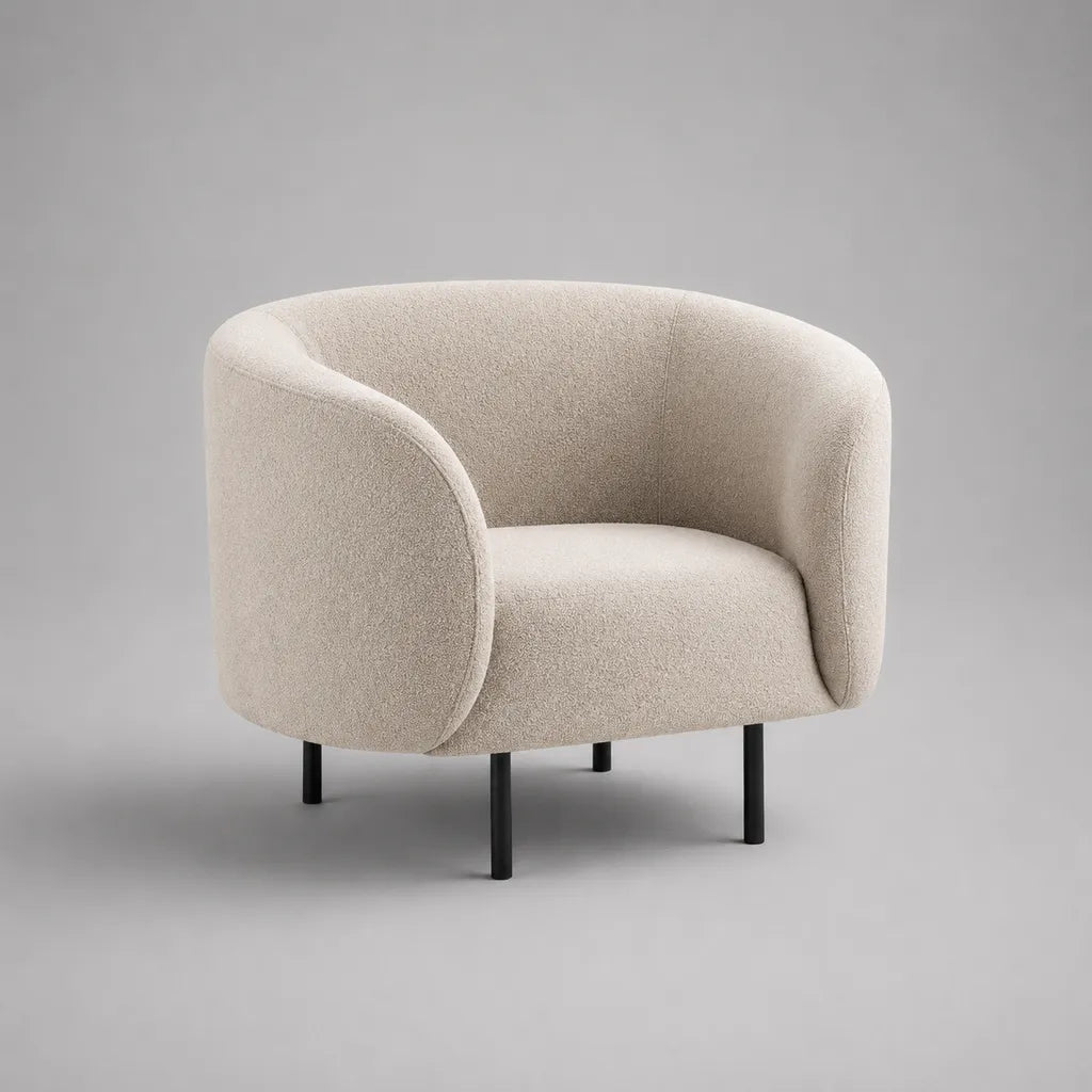Loungesessel aus Bouclé-Stoff mit Stahlbeinen, Creme und Schwarz, 78 × 75 × 72 cm
