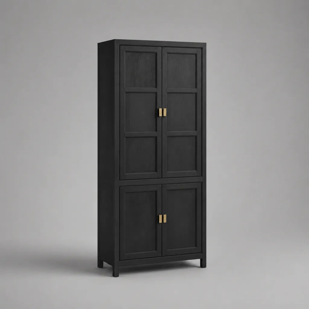 Kleiderschrank mit 4 Türen aus massivem Kiefernholz, Schwarz, 85 × 40 × 190 cm