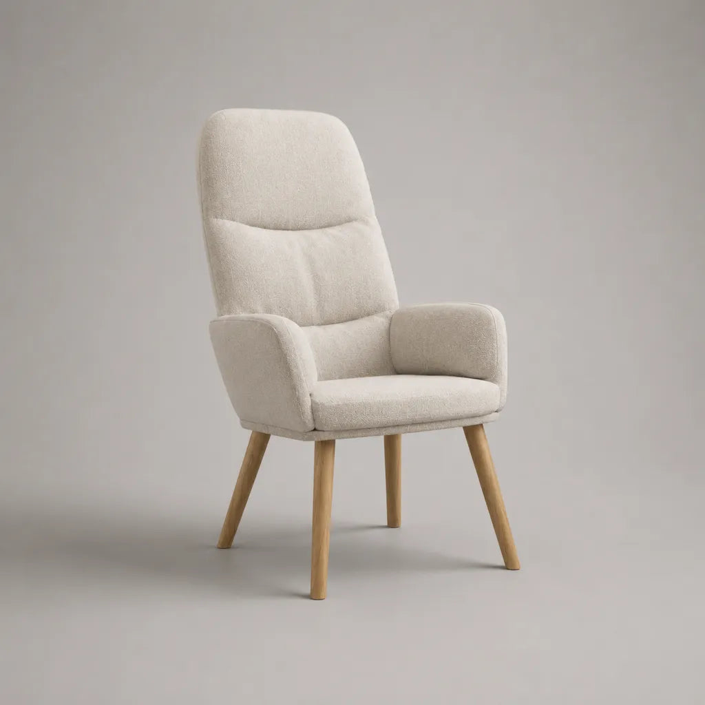 Polstersessel mit hoher Rückenlehne, Polyester-Bouclé und Massivholzbeinen, Creme/Naturfarben, 68 × 75 × 101 cm