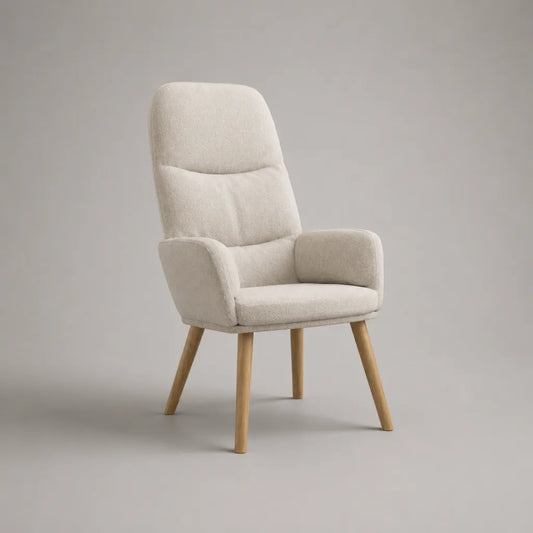 Polstersessel mit hoher Rückenlehne, Polyester-Bouclé und Massivholzbeinen, Creme/Naturfarben, 68 × 75 × 101 cm
