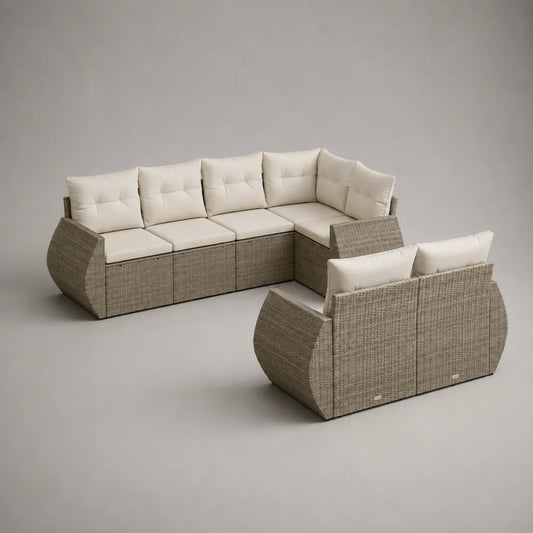 Gartensofa-Set, 6-Sitzer, L-förmig, aus PE-Rattan mit Polyesterkissen, Taupe und Cremeweiß, Ecksofa 260 × 195 × 82 cm, Zweisitzer 140 × 75 × 82 cm