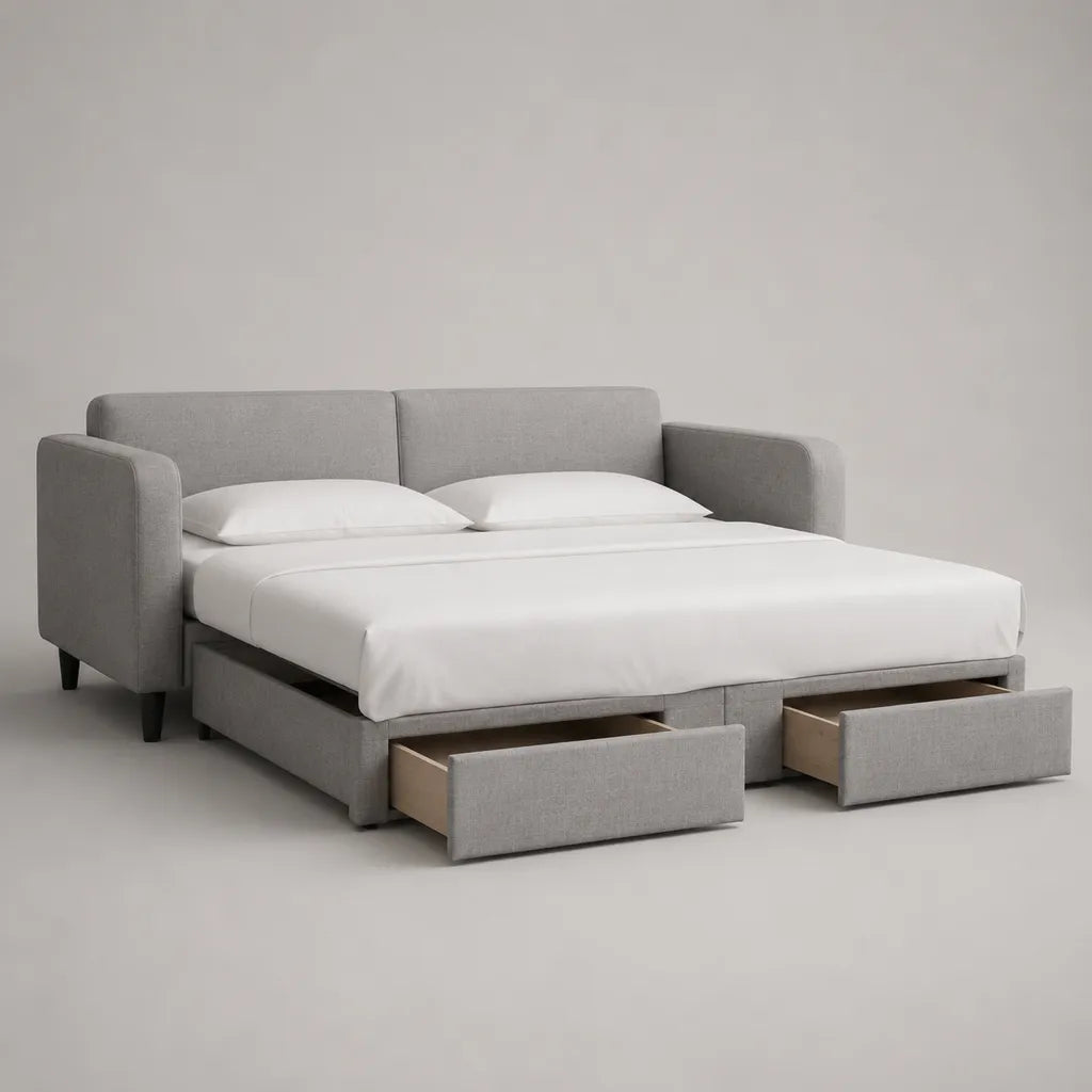 Schlafsofa mit Ausziehfunktion und 2 Schubladen, Polyesterbezug, Hellgrau mit schwarzen Füßen, 220 × 95 × 88 cm, Liegefläche 180 × 200 cm