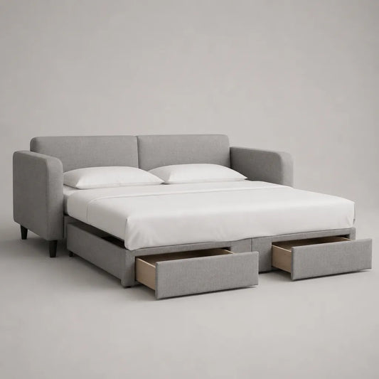 Schlafsofa mit Ausziehfunktion und 2 Schubladen, Polyesterbezug, Hellgrau mit schwarzen Füßen, 220 × 95 × 88 cm, Liegefläche 180 × 200 cm