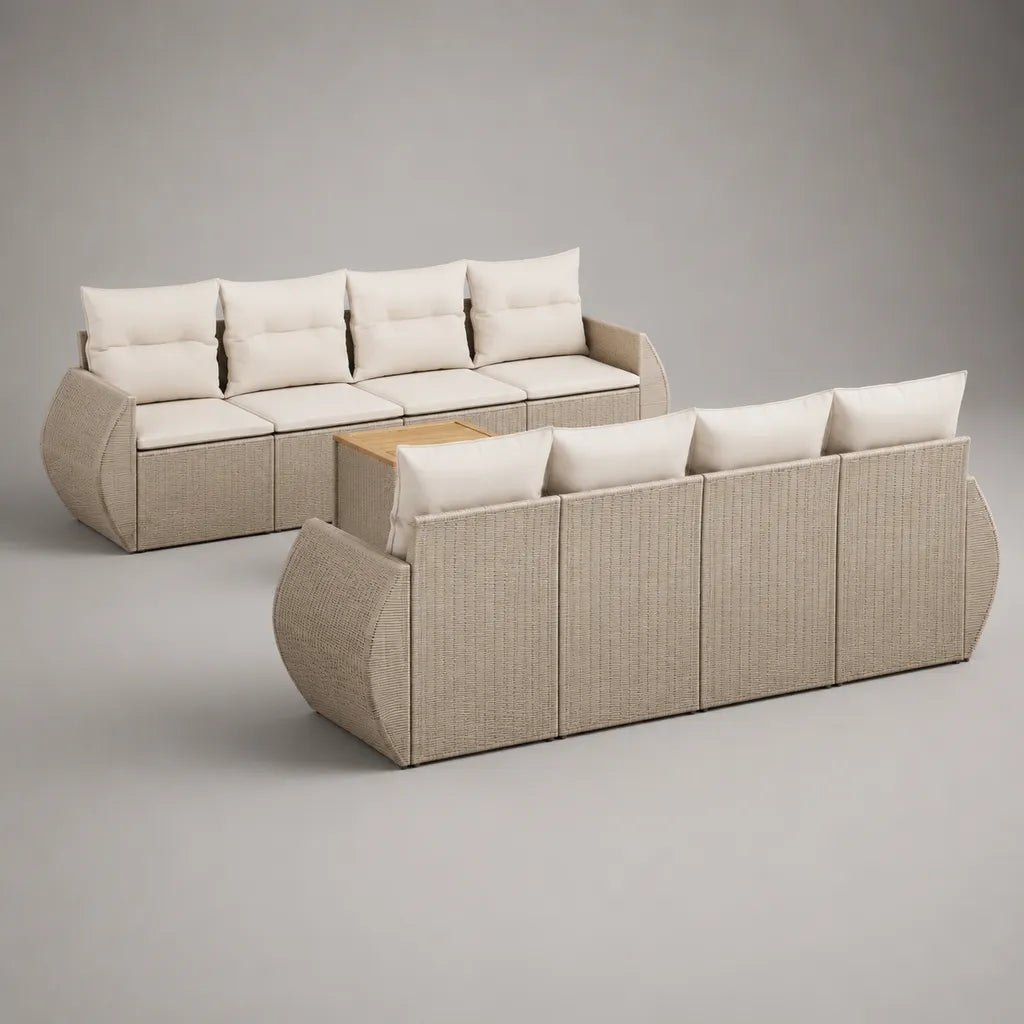 3-teiliges Gartensofa-Set für 8 Personen aus PE-Rattan, Metall und Holz mit Polstern, 2 Sofas je 225 × 80 × 82 cm, Tisch 80 × 80 × 40 cm, Beige/Creme/Hellbraun