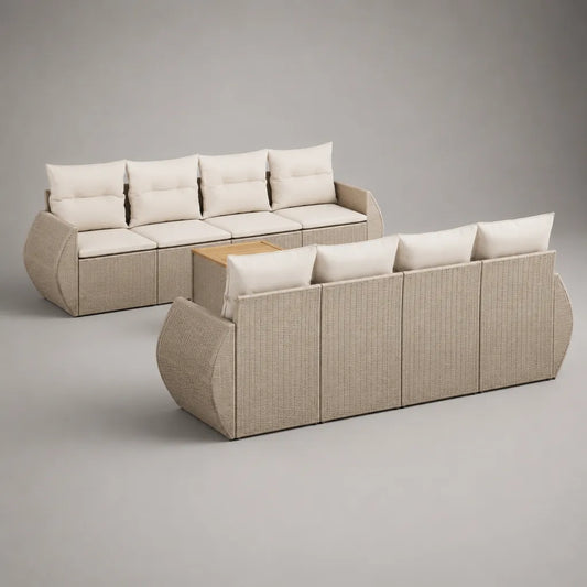3-teiliges Gartensofa-Set für 8 Personen aus PE-Rattan, Metall und Holz mit Polstern, 2 Sofas je 225 × 80 × 82 cm, Tisch 80 × 80 × 40 cm, Beige/Creme/Hellbraun