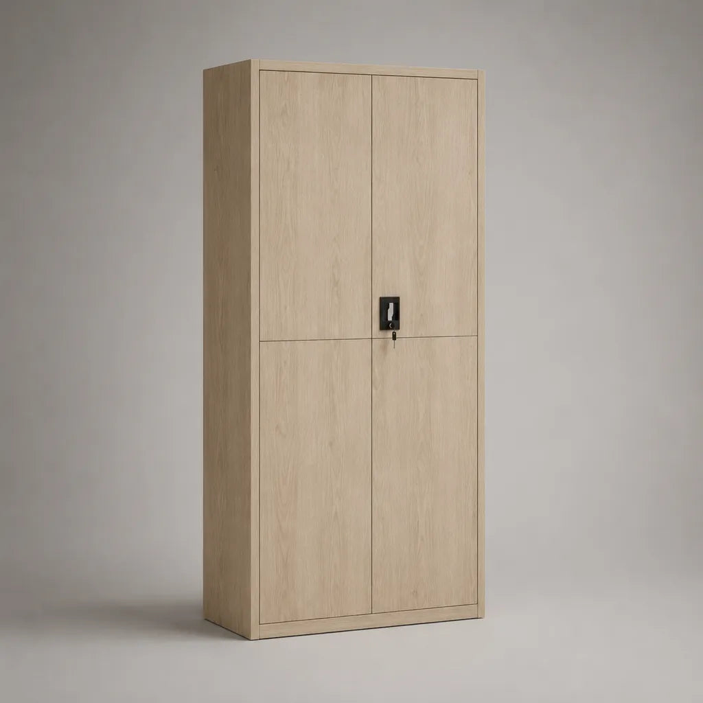 Abschließbarer Kleiderschrank mit 4 Drehtüren aus melaminbeschichteter Spanplatte, Helle Eiche/Schwarz, 90 × 45 × 200 cm