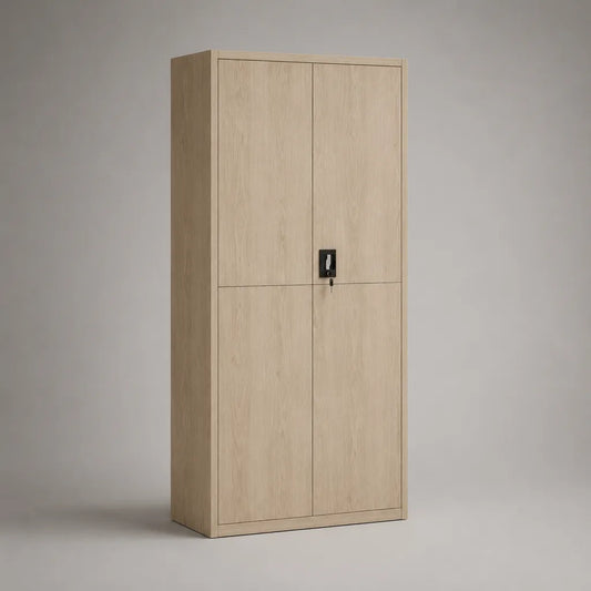 Abschließbarer Kleiderschrank mit 4 Drehtüren aus melaminbeschichteter Spanplatte, Helle Eiche/Schwarz, 90 × 45 × 200 cm