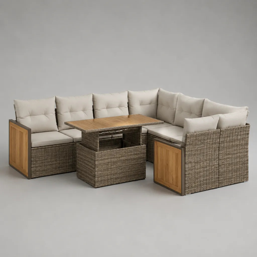 Gartenlounge-Set mit 7-Sitzer-Ecksofa und rechteckigem Esstisch, PE-Rattan, Stahl und Holz, Beige/Braun/Honigbraun, 240 × 180 × 75 cm