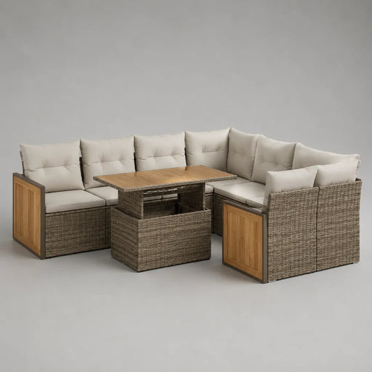 Gartenlounge-Set mit 7-Sitzer-Ecksofa und rechteckigem Esstisch, PE-Rattan, Stahl und Holz, Beige/Braun/Honigbraun, 240 × 180 × 75 cm