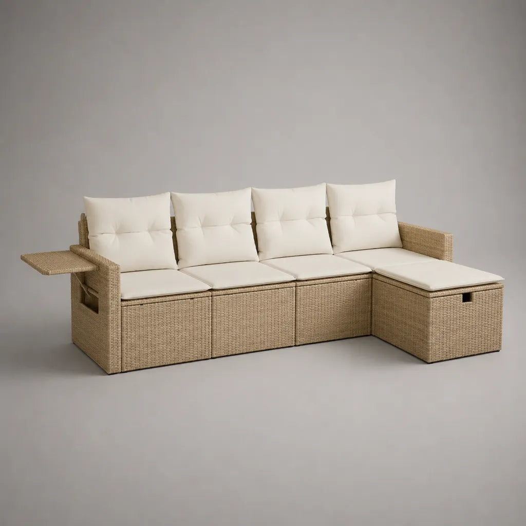L-förmige Garten-Sitzgruppe, 4-Sitzer mit Stauraum-Ottomane und Ablagetisch, PE-Rattan und Stahl, Beige/Cremeweiß, 260 × 145 × 85 cm