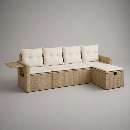 L-förmige Garten-Sitzgruppe, 4-Sitzer mit Stauraum-Ottomane und Ablagetisch, PE-Rattan und Stahl, Beige/Cremeweiß, 260 × 145 × 85 cm
