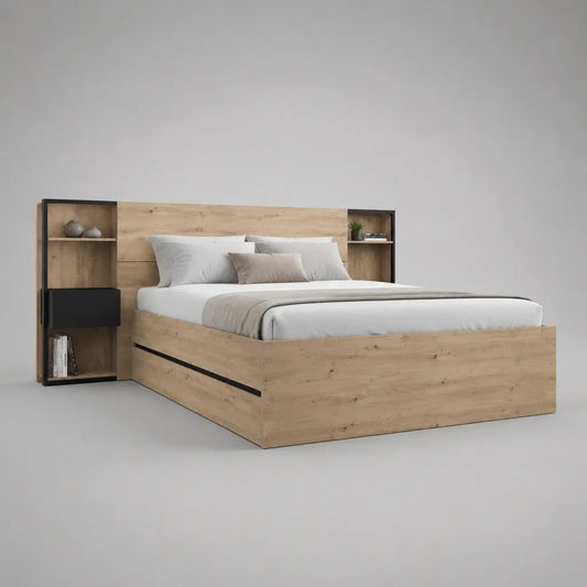 Stauraumbett aus melaminharzbeschichteter Spanplatte mit Schublade und Regal-Kopfteil, Eiche Natur und Anthrazit, Liegefläche 160 × 200 cm, Gesamtmaß 260 × 208 × 130 cm