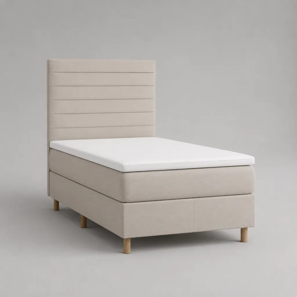 Boxspringbett Einzelbett 90 x 200 cm mit Matratze und Topper, Stoffbezug, Beige