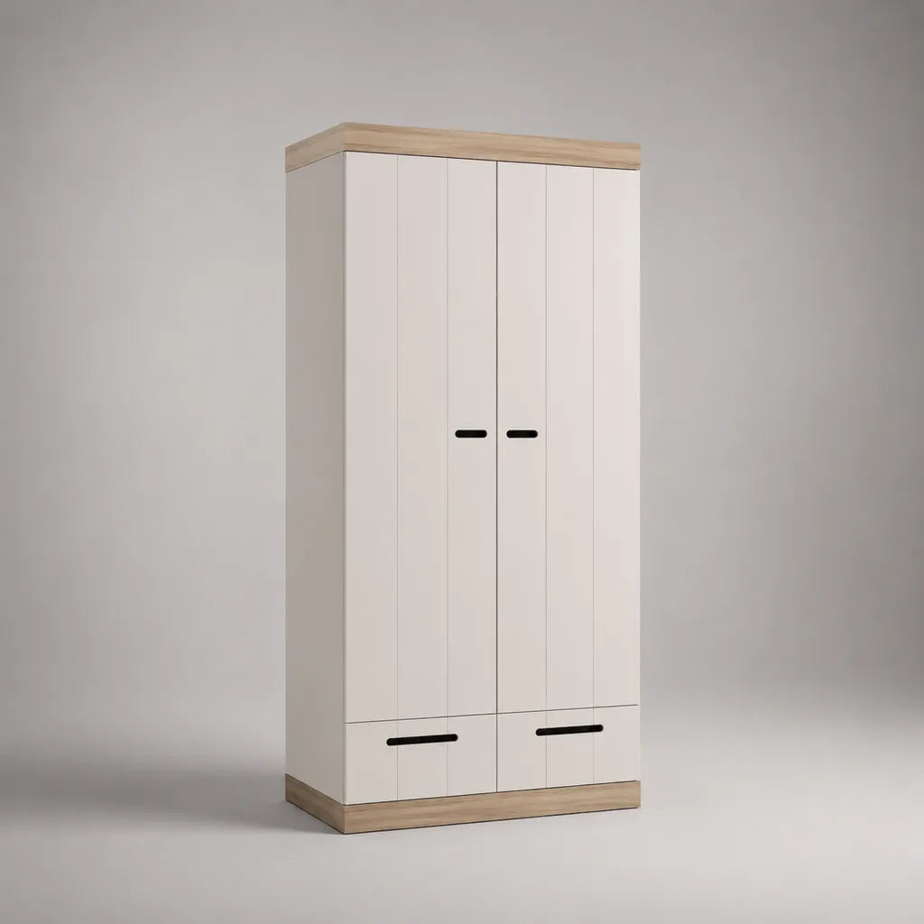 Kleiderschrank aus Holz mit 2 Drehtüren und 2 Schubladen, Weiß/Eichefarben/Schwarz, 90 × 52 × 190 cm