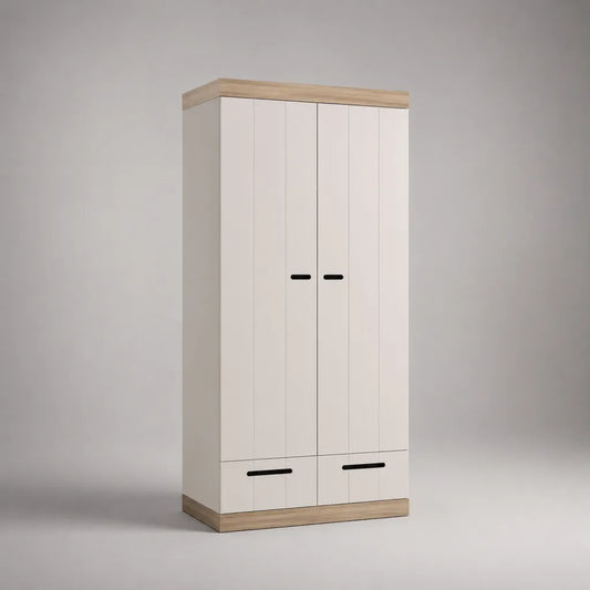 Kleiderschrank aus Holz mit 2 Drehtüren und 2 Schubladen, Weiß/Eichefarben/Schwarz, 90 × 52 × 190 cm