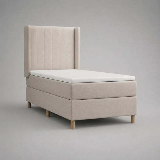 Boxspringbett 90 x 200 cm mit Matratze, Topper und gepolstertem Kopfteil, Beige, Weiß und Naturfarben