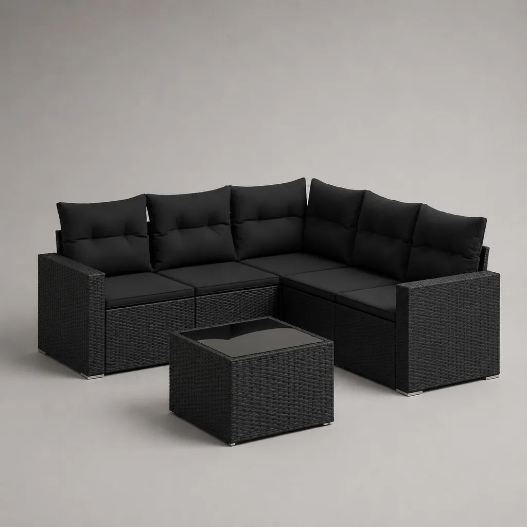 6-teiliges Gartensofa-Set aus PE-Rattan mit Glastisch, 5 Sitzplätze, L-Form, Schwarz, 196 × 196 × 74 cm
