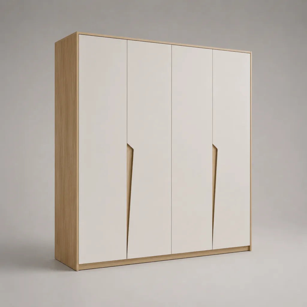 4-türiger Kleiderschrank aus melaminbeschichteter Spanplatte, Weiß/Eiche natur, 200 × 60 × 220 cm