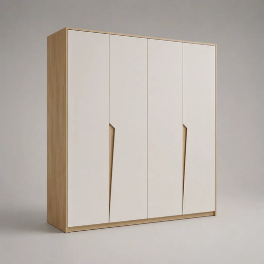 4-türiger Kleiderschrank aus melaminbeschichteter Spanplatte, Weiß/Eiche natur, 200 × 60 × 220 cm