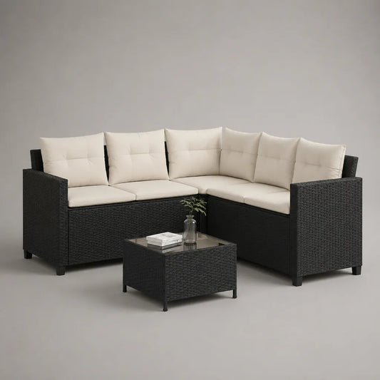 Gartensofa-Set 3-teilig aus PE-Rattan mit Polstern und Glastisch, L-Form, 196 x 196 x 74 cm, Schwarz und Cremeweiß