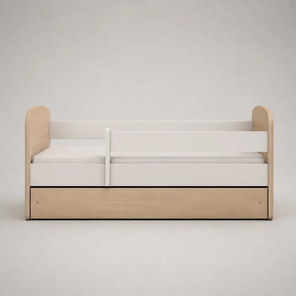 Kinderbett aus MDF mit Rausfallschutz und Bettkasten, Natur/Weiß, Liegefläche 80 x 160 cm