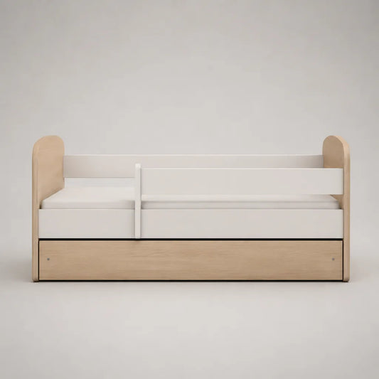 Kinderbett aus MDF mit Rausfallschutz und Bettkasten, Natur/Weiß, Liegefläche 80 x 160 cm
