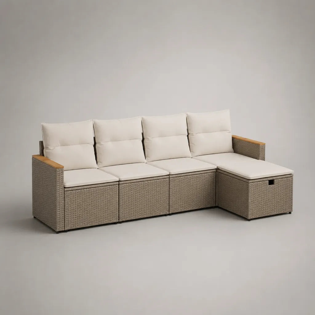 Gartensofa-Set, 4-Sitzer aus PE-Rattan mit Auflagen und Stauraum, L-Form, Taupe und Creme, 230 × 145 × 88 cm