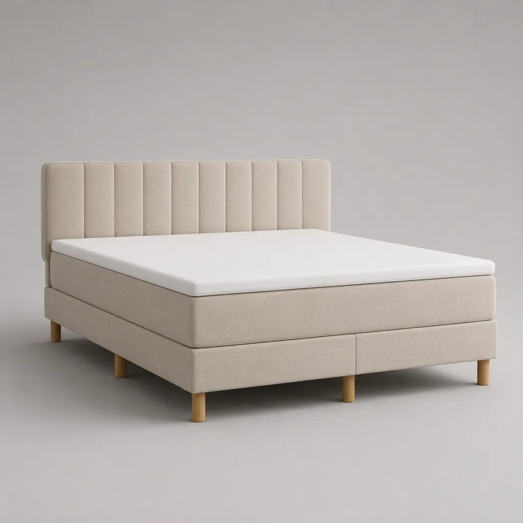 Boxspringbett 180 × 200 cm mit Matratze, Topper und gepolstertem Kopfteil, Polyester, Beige