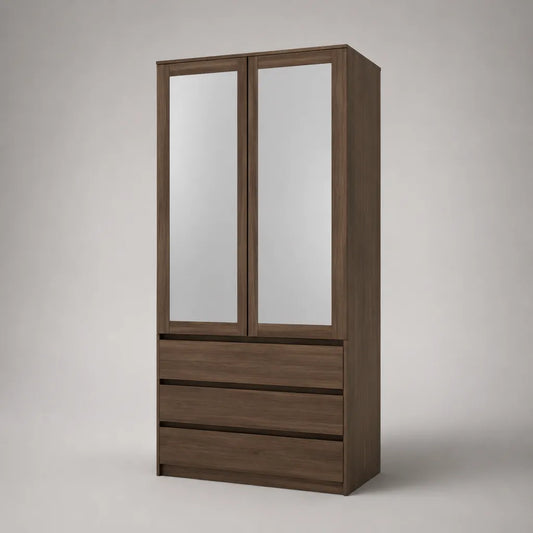 Kleiderschrank aus Spanplatte mit 2 Spiegeltüren und 3 Schubladen, Nussbaumbraun/Silber, 100 × 55 × 200 cm
