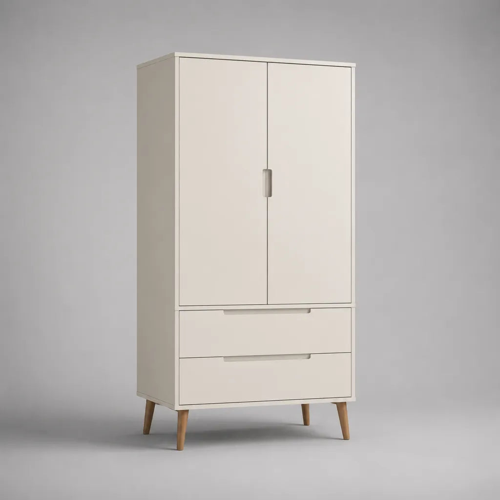 Kleiderschrank mit 2 Türen und 2 Schubladen aus melaminbeschichteter Spanplatte, Cremeweiß/Natur, 90 × 52 × 180 cm