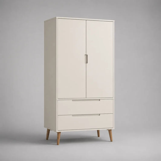 Kleiderschrank mit 2 Türen und 2 Schubladen aus melaminbeschichteter Spanplatte, Cremeweiß/Natur, 90 × 52 × 180 cm