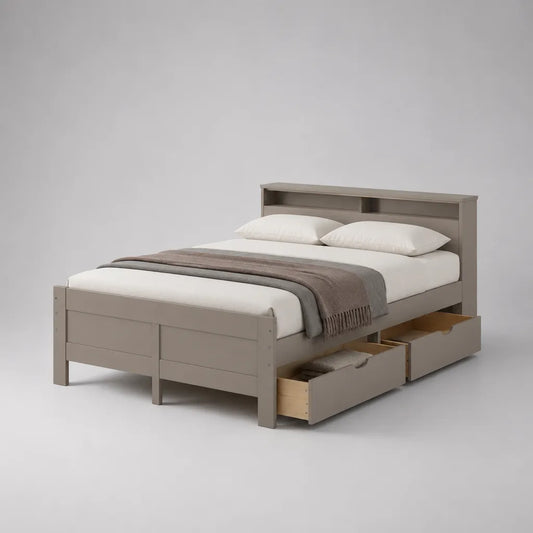 Doppelbett aus Kiefernholz und MDF mit Kopfteilablage und 4 Schubladen, Taupegrau/Naturholz, 160 x 200 cm